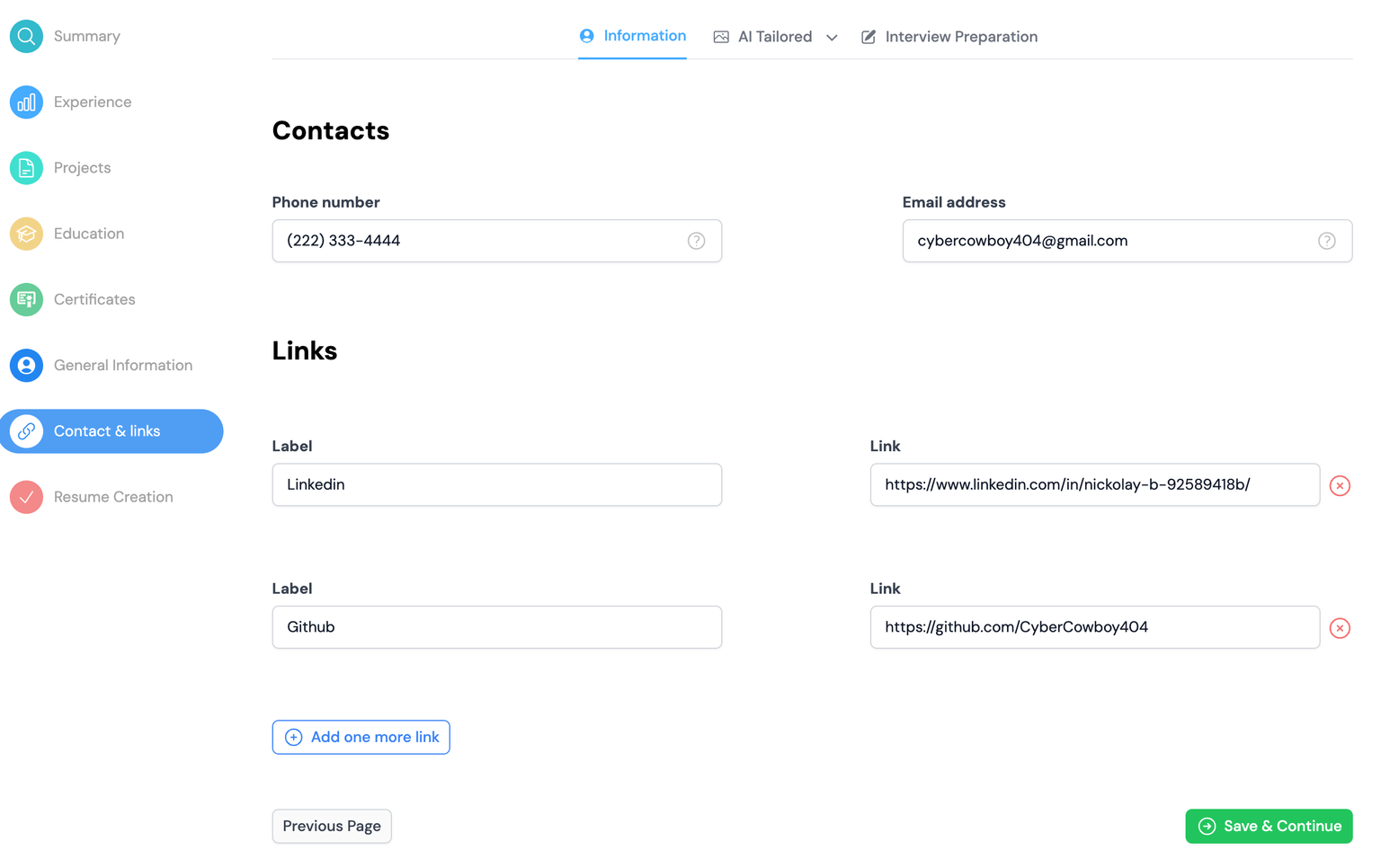 Magic-resume.ai adding contacts