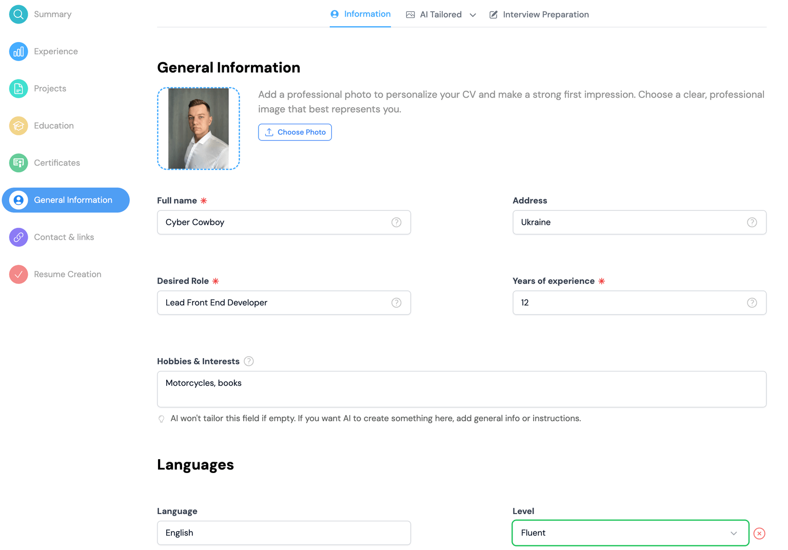 Magic-resume.ai adding general info