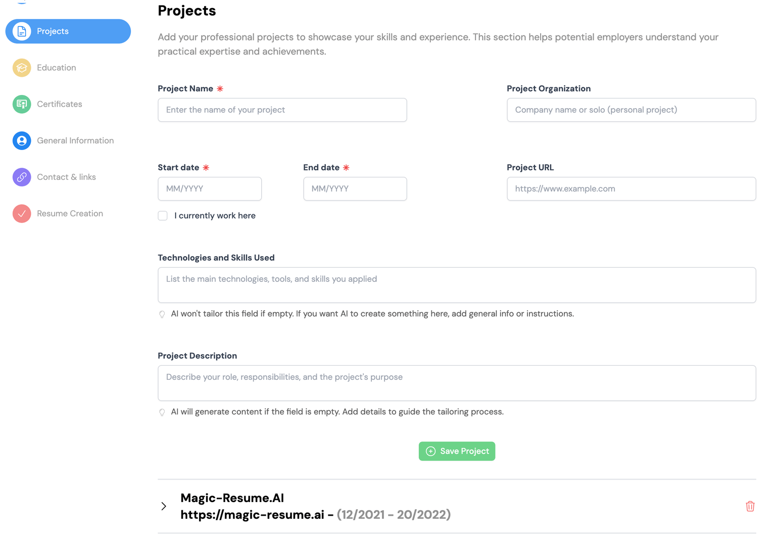 Magic-resume.ai adding projects