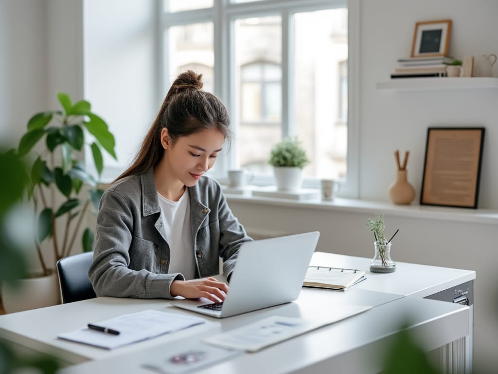 Minimalist home office setup with young professional working on resume, featuring a sleek white desk, laptop with resume template, natural light, and a calm, professional atmosphere