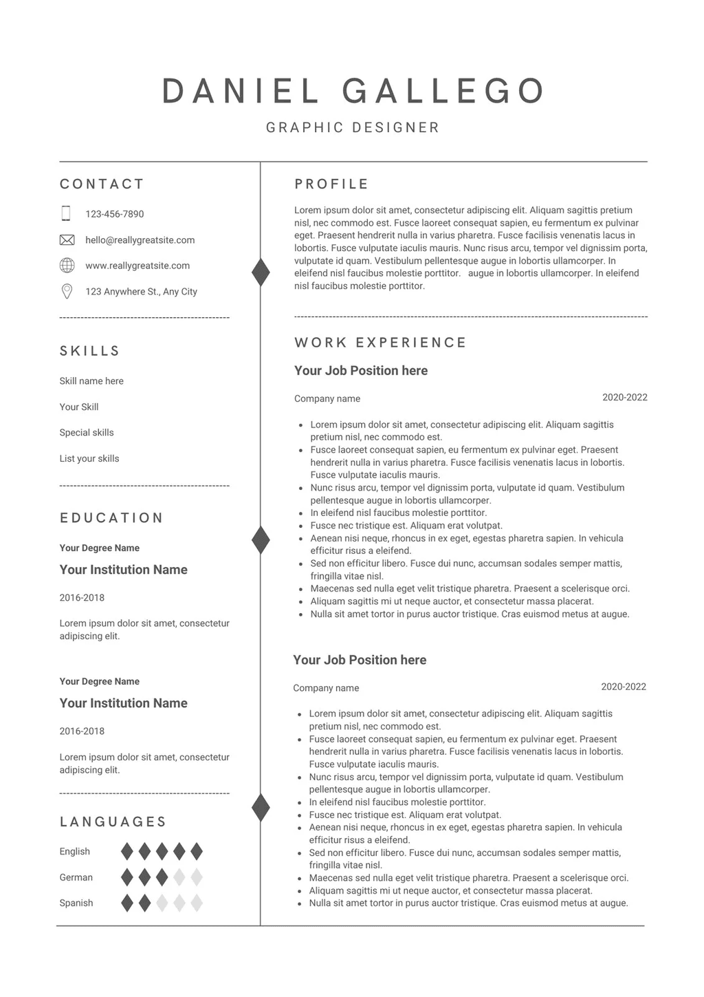 Resume example with minimalist design